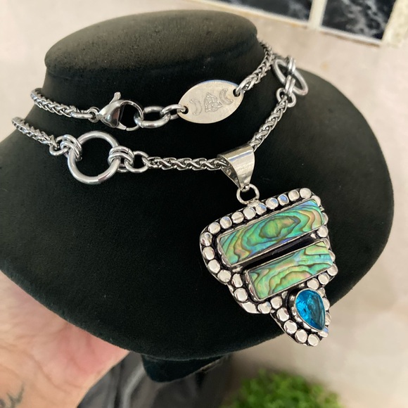 Natural blue green abalone shell & blue Indian topaz gemstone boho necklace - Picture 2 of 15